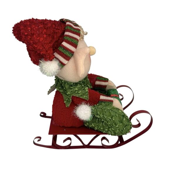 Christmas Elf Decoration On Red Metal Sled 10” Plush Holding Present - Picture 5 of 10